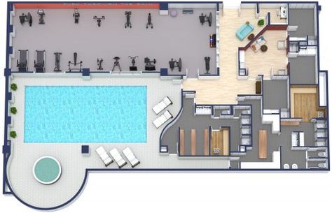 Fitness Center With Pool Cafe Floor Plan Layout, Gym Layout, Cafe Floor Plan, Gym Architecture, Gym Design Interior, Medical Office Design, Yoga Studio Design, Outdoor Lounge Area, Wellness Studio