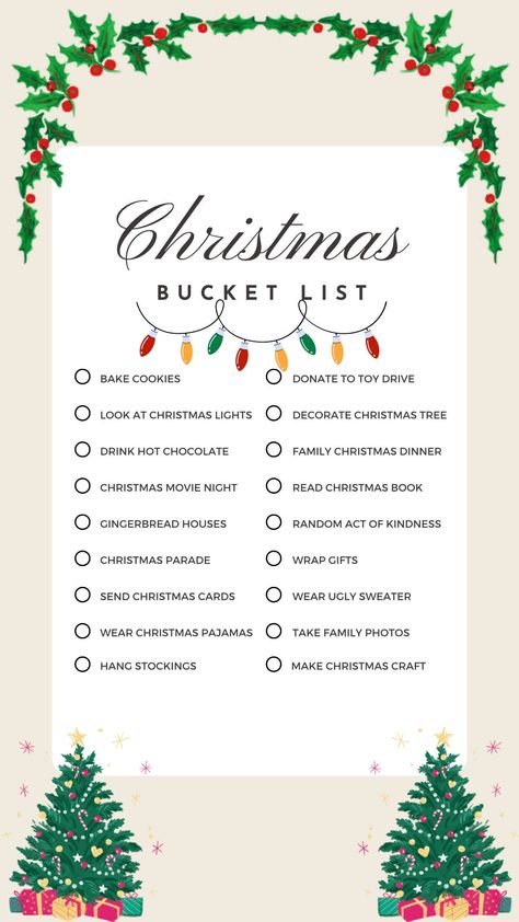 Cute and fun all age's Christmas/Winter bucket list. Christmas Fun List, Holiday Bucket List Christmas, Christmas Traditions Ideas, December Bucket List, Christmas Bucket List Ideas, Christmas List Template, Christmas Checklist, Cute Christmas Ideas, Holiday Party Ideas