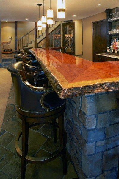 Live Edge Wood Slab Top Rustic Bar Ideas Rustic Mancave, Wooden Bar Top, Wood Bar Top, Basement Bar Designs, Rustic Bar, Corrugated Metal, Bar Room, Man Cave Bar, Basement Bar