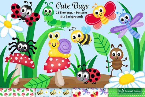 Cute Bugs Clipart -C45 by Jo Kavanagh Designs on @creativemarket Bugs Clipart, Bug Cartoon, Cute Bugs, Insect Clipart, Bugs Preschool, Cartoon Butterfly, Garden Bugs, Educational Projects, Pattern And Decoration