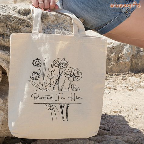 Wildflower Christian Tote Bag Rooted in Him Bible Verse Bag - Etsy Jesus Tote Bag, Bible Tote Bag, Diy Tote Bag Design, Painted Canvas Bags, Tote Bag Christian, Handpainted Tote Bags, Christian Tote Bags, Canvas Bag Design, Bible Bag