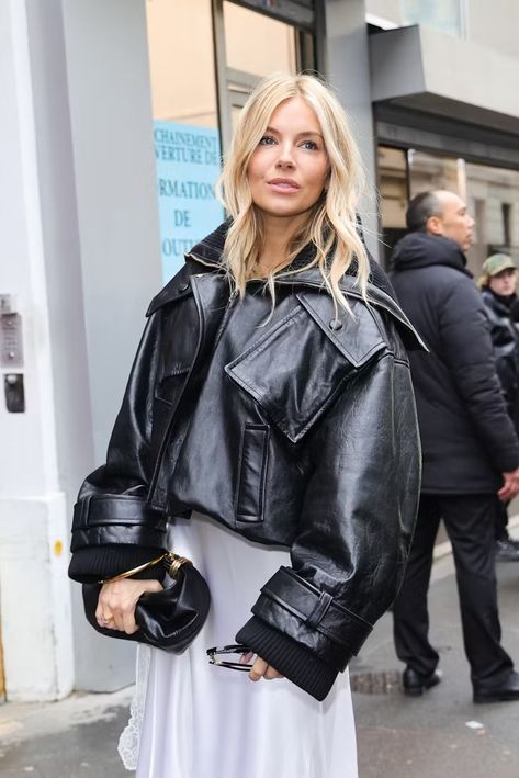 Sienna Miller Brings Edge to a Boho-Chic Slip Dress With an Enormous Leather Jacket Dress And Jacket Outfit, Sienna Miller Hair, Biker Jacket Style, Feminine Casual, Leather Jacket Dress, Leather Jacket Style, Sienna Miller, Leather Jacket Outfits, Winter Outfit Inspiration