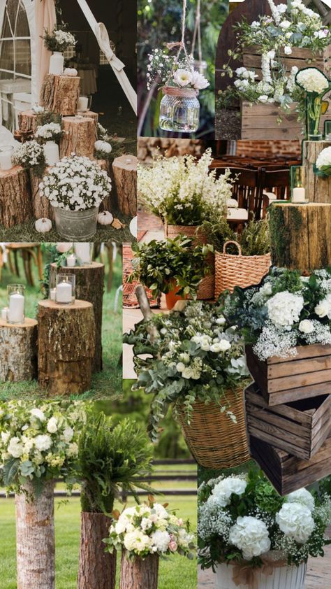 Rustic woodland white and green outdoor wedding decorations Wedding Decor White And Green, White And Green Outdoor Wedding, Outdoor Wedding Decorations, Rustic Wedding Decor, Event Decor, Secret Garden, Garden Party, Outdoor Wedding, Wedding Decor