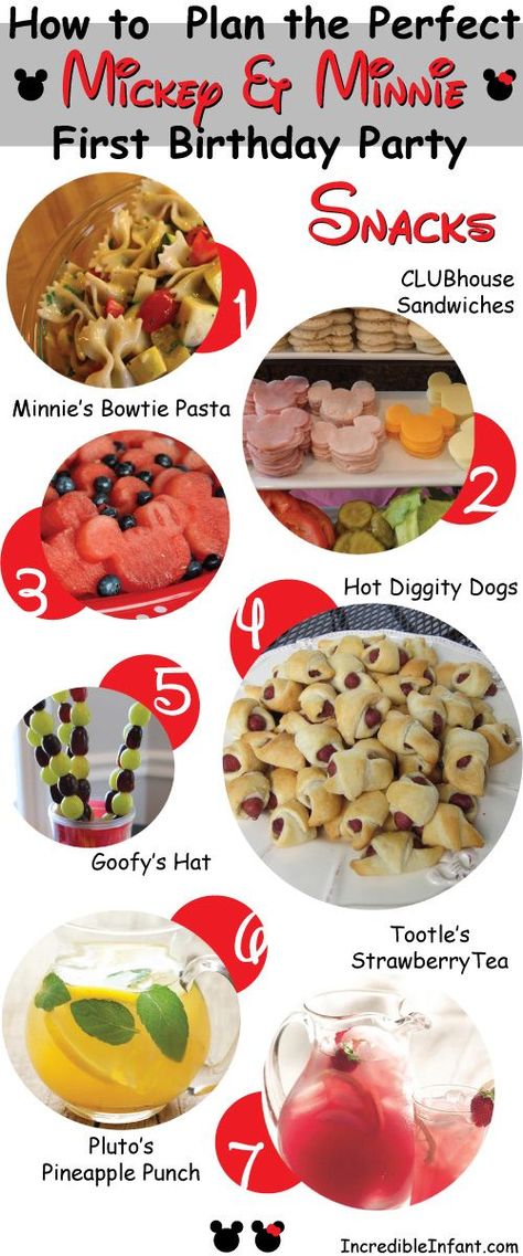 Great ideas for snacks for a Mickey Mouse Birthday Party Γενέθλια Mickey Mouse, Mickey First Birthday, Mickey Mouse Bday, Twodles Birthday, Mickey Mouse Clubhouse Birthday Party, Mickey Mouse Clubhouse Party, Mickey Mouse 1st Birthday, Birthday Party Snacks, Mickey Birthday Party