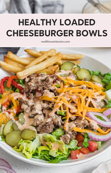 Try this healthy cheeseburger bowl for a delicious twist on traditional burgers. These burger bowls are packed with flavor and are perfect for meal prep. This recipe features a special sauce that makes it extra tasty. It's an easy lunch option or an easy weeknight dinner. You can make this loaded burger bowl salad as a 30 minute dinner. Enjoy loaded burger bowls as a healthy beef recipe for your next meal. Cheeseburger Bowl, Healthy Cheeseburger, Loaded Burger Bowls, Loaded Burger, Burger Bowl, Burger Bowls, Healthy Bowls Recipes, Healthy Beef Recipes, Healthy Burger