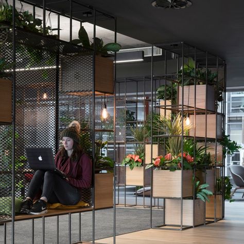 Modern Office With Plants, Airbnb Office Design, Coworking Office Design, Modern Office Design Inspiration, Office Patio, Industrial Office Design, Office Design Inspiration, Cool Office Space, Office Interior Design Modern