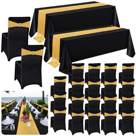 PRICES MAY VARY. Nice Combination: there are 20 pieces of black chair covers, 20 pieces of gold chair sashes bows with buckle sliders, 2 pieces of black satin rectangle table clothes for rectangle tables and 2 pieces of gold sequined table runners, which can be put into use separately or in combination to meet your daily use and replacement demands Measurement Details: the chair covers sizes are universal and stretchy, the chair sashes bows are approx. 35 cm/ 14 inches in length, the satin recta Black Chair Covers, Black And Gold Party Decorations, Gold Engagement Party, Table Runner For Wedding, Satin Table Runner, 60th Birthday Party Decorations, Gold Sash, Folding Chair Covers, Stretch Chair Covers