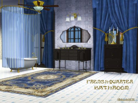 ShinoKCR's French Quarter - Bathroom French Sideboard, Mirror Ceiling, New Orleans Homes, Sims 4 Characters, Sims 4 Update, Sims 4 Cc Furniture, French Chairs, Sims 4 Build, Island Living