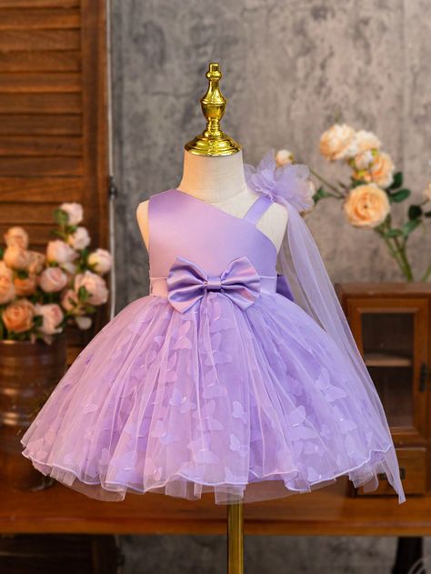 Infant Baby Girls Purple Mesh Bowknot Sleeveless Satin Christmas Birthday Party Wedding Pageant Dress Purple   Sleeveless Woven Fabric Plain Fit and Flare Non-Stretch  Baby Girls Clothing, size features are:Bust: ,Length: ,Sleeve Length: Pom Pom Skirts, Baby Birthday Dress, Girls Birthday Party Dress, Baby Clothes Patterns Sewing, Girls Dresses Diy