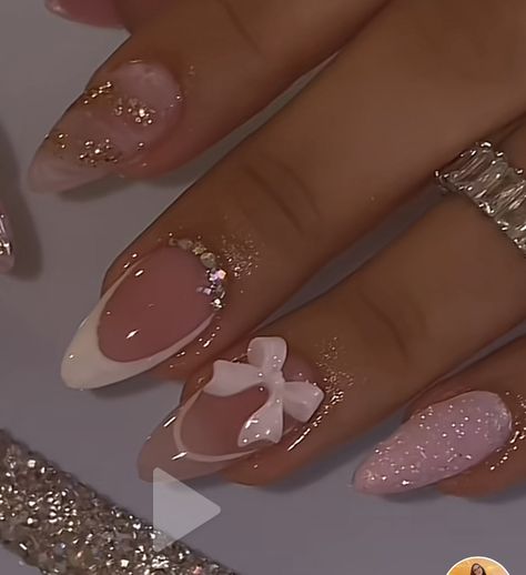 Charm Nails Almond, Hoco Almond Nail Ideas, Pink Glitter Aesthetic Nails, Hoco Nail Ideas Pink Dress, Xv Pink Nails, Almond Nails Designs Medium Length, 15 Birthday Nails Ideas, Pink Quince Nails Short Simple, Hoco Nails Short Almond