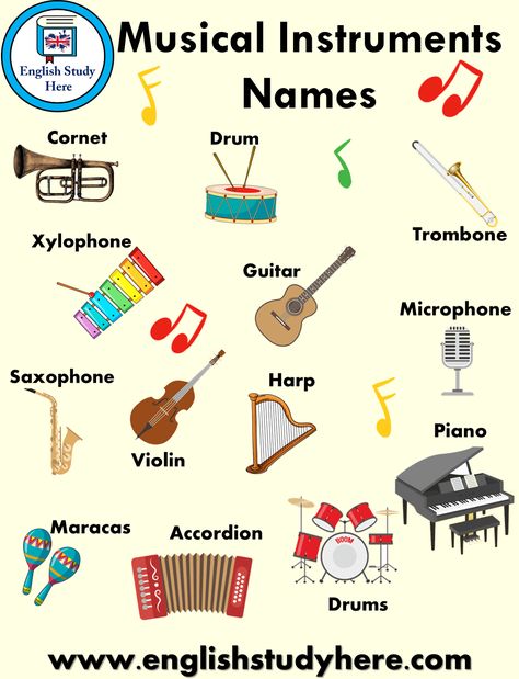 Musical Instruments Names and Pictures - English Study Here Natural Resources Lesson, Music Vocabulary, All Music Instruments, Music Words, Music Activities, English Language Learning, English Study, Math For Kids, Lessons For Kids