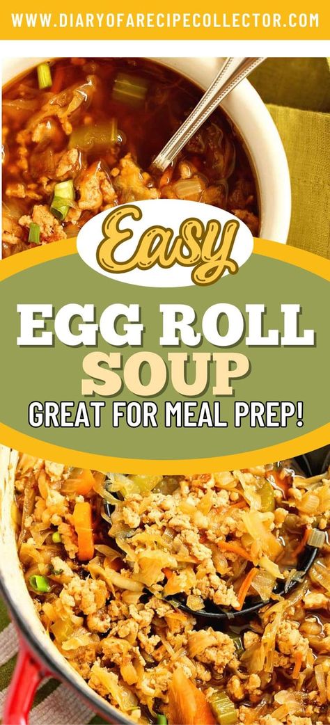 Egg Roll Soup is a delicious low-carb recipe with all the good filling of an egg roll but made healthy with ground chicken.  Plus, it is done in about 30 minutes and great for meal-prep! Eggroll Soup, Egg Roll Soup Recipe, Egg Roll Soup, Turkey Lasagna, Delicious Low Carb Recipes, It Is Done, Soup Dinner, Chopped Carrots, Coleslaw Mix