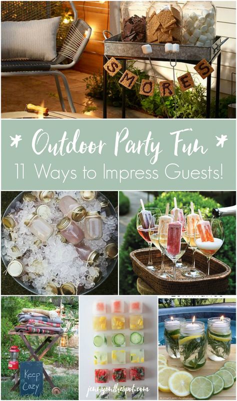 11 Ways to Impress Guests at Your Outdoor Party! Outdoor Table Party Decor, Backyard Cocktail Party Ideas Evening, Backyard Rustic Party, Cheap Outdoor Party Ideas, Outdoor Party Essentials, Small Outdoor Birthday Party Ideas, Rustic Outdoor Party Ideas, Cover Food At Outdoor Party, Driveway Party Set Up