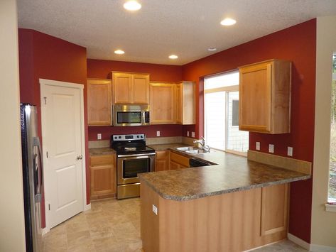 Vancouver,WA interior paint job resized 25 | Interior kitche… | Flickr Red Wall Kitchen, Red Kitchen Walls, Red Wall Paint, Color Cabinets, Countertop Colors, Kitchen Color Red, Kitchen Color Palettes, Accent Wall In Kitchen, Kitchen Dark