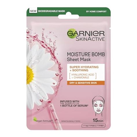 Garnier Moisture Bomb Chamomile And Hyaluronic Acid Sheet Mask, Hydrating & Soothing Face Mask, For Sensitive Skin, Biodegradable And Vegan Tissue, 28 G Garnier Sheet Mask, Garnier Face Mask, Soothing Face Mask, Tanning Moisturizer, Silk Pillowcase Hair, Face Sheet Mask, Garnier Skin Active, Hair Color Shampoo, Dry Sensitive Skin