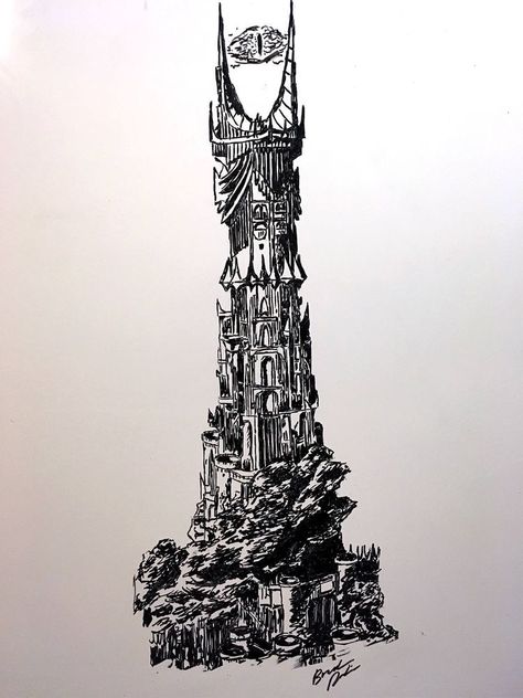 Sauron Tower, Tower Drawing, Barad Dur, Eye Of Sauron, Lotr Tattoo, Rings Tattoo, Tolkien Hobbit, Lord Of The Rings Tattoo, Bd Art