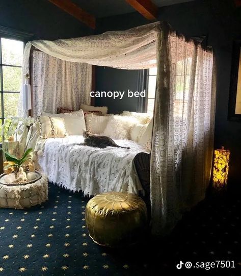 Large Canopy Bed, Bed Canopy Studio Apartment, Ways To Decorate A Canopy Bed, Velvet Canopy Bed Curtains, Bedroom With A Canopy Bed, Aesthetic Bed With Curtains, Industrial Canopy Bed, Canopy Bed Bedroom Decor, Canopy Bedroom Decor Ideas