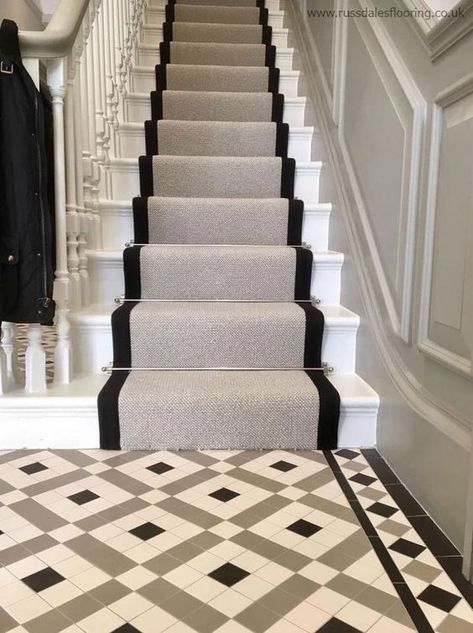 Carpeted Staircase, Stairs Runner, Entrance Hall Decor, Carpet Staircase, Victorian Hallway, Staircase Runner, Diy Staircase, Tiled Hallway, Wrought Iron Stairs