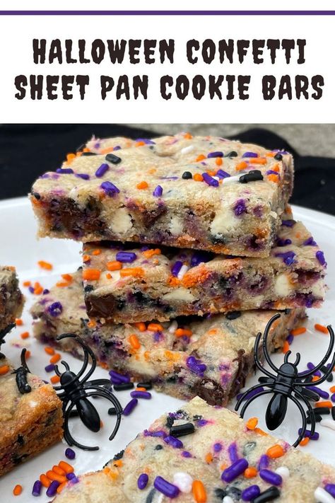 Stack of Halloween confetti cookie bars. Halloween Desserts Cookies, Sheet Pan Cookie Bars, Halloween Dessert Bars, Halloween Chocolate Chip Cookies, Easy Halloween Cookies, Halloween Confetti, Confetti Cookies, Holiday Cookie Exchange, Fun Halloween Food