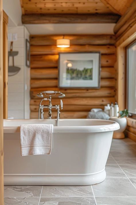 Discover unique log home bathroom ideas to transform your space into a tranquil, rustic retreat that harmonizes with nature's charm. Dive in for inspiration! Cabin Bathroom Ideas Rustic, Log Home Bathroom Ideas, Log Cabin Bathroom Ideas, Log Home Bathrooms, Log Home Bathroom, Log Cabin Bathroom, Home Bathroom Ideas, Western Bathroom Decor, Small Master Bath