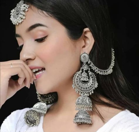 Earrings With Mangtika, Princess On The Pea, Oxidised Jhumka, Hindu Jewelry, Keep Smile, Black Metal Jewelry, Latest Earrings Design, Oxidised Silver Jewelry, Indian Bridal Jewelry Sets