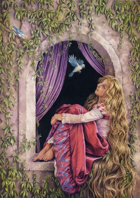 Rapunzel Story, Fairytale Retelling, Fairytale Fantasies, Grimm Fairy Tales, Fairytale Illustration, Blue Birds, Fantasy Places, Fairytale Art, Fairy Angel