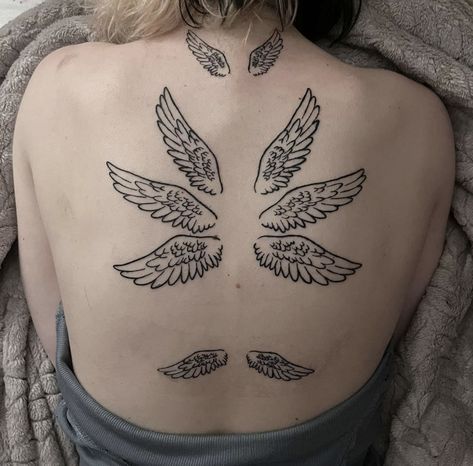 #tattoo #tattooideas #angelcore #angeltattoo #aesthetic #aesthetictattoo #starflesh #backtattoo #angelwingtattoo #seraphim #seraphimtattoo #angelwings #angelic #biblicalangel Sephiroth Wing Tattoo, Angel Seraphim Tattoo, Multi Winged Angel, Angel Core Tattoos, Angelic Back Tattoo, Torn Wings Tattoo, Closed Wings Tattoo, Seraphim Wings Tattoo, Sternum Angel Tattoo