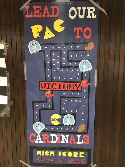 Pac Man Homecoming Float, Freshman Homecoming Float Ideas, Video Game Homecoming Theme, Hoco Door Decorating, Homecoming Door Ideas Football, School Spirit Door Decorations, Sport Bulletin Board Ideas For School, Board Game Homecoming Theme, Homecoming Door Decorations High School