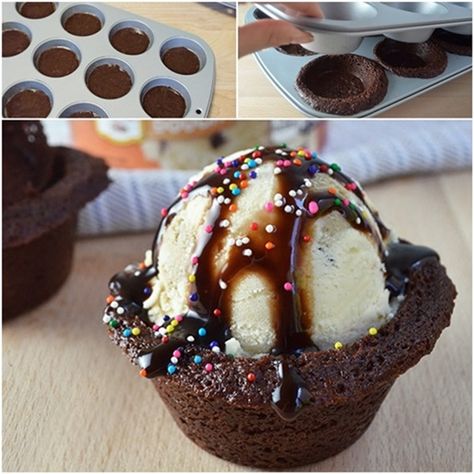 The only thing better than your favorite ice cream is the same ice cream served in a delicious edible brownie cup! After all, there’s really no such thing Brownie Bowl, Brownie Bowls, Brownie Sundae, Brownie Cups, Brownie Ice Cream, Diy Ice Cream, Ice Cream Treats, Cream Desserts, Ice Cream Desserts