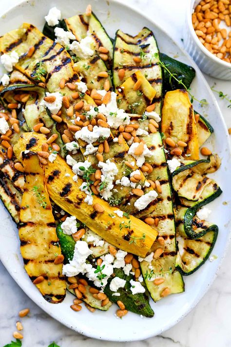 Grilled Zucchini With Goat Cheese and Pine Nuts | foodiecrush.com Zucchini With Goat Cheese, Zucchini And Goat Cheese, Vegan Grilling Recipes, Zucchini Dishes, Zucchini Side Dishes, Savory Sides, Keto Sides, Dinner Favorites, Vegan Grilling