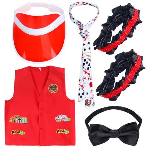 PRICES MAY VARY. Casino Dealer Costume - Classic casino dealer costume accessory set includes 1*red dealing visor hat, 1*vest，1* costume bowtie, 1 pair casino dealer armband and 1 piece poker necktie, enough accessories to meet your dressing needs on casino night Casino Dealer Visors - The red plastic hats are mainly made of plastic material, reliable and reusable, smooth and comfortable, safe and strong, not easy to break or fade, measures approx. 54 -64 cm/ 21.26 -25.2 inches in circumstance, Game Night Party Favors, Birthday Game Night, Las Vegas Costumes, Las Vegas Party Theme, Red Carpet Theme Party, Las Vegas Birthday, Game Night Party, Casino Birthday Party, Vegas Theme Party