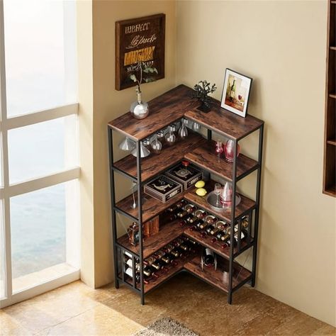 Corner Wine Rack Bar Cabinet Industrial Freestanding Floor Bar Cabinet - Bed Bath & Beyond - 40647565 Wine Rack Metal, Corner Wine Rack, Industrial Wine Racks, Wine Rack Bar, Metal Wine Rack, Wooden Rack, Cabinet Bed, Store Organization, Wine Racks