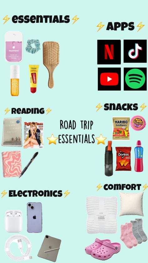 Road Trip Necessities, Trip Essentials Packing Lists, Road Trip Bag, Road Trip Kit, Airplane Travel Essentials, Travel Packing Checklist, Yellowstone Trip, Road Trip Packing List, Road Trip Activities