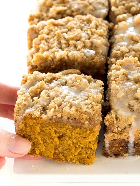 This Pumpkin Coffee Cake with streusel topping and glaze is perfect for breakfast or dessert, and only requires a few staple ingredients. Pumpkin Coffee Cake With Streusel, Pumpkin Coffee Cake, Sweet Glaze, Pumpkin Coffee Cakes, Pumpkin Recipes Dessert, Pumpkin Coffee, Coffee Cake Recipes, Spiced Coffee, Streusel Topping