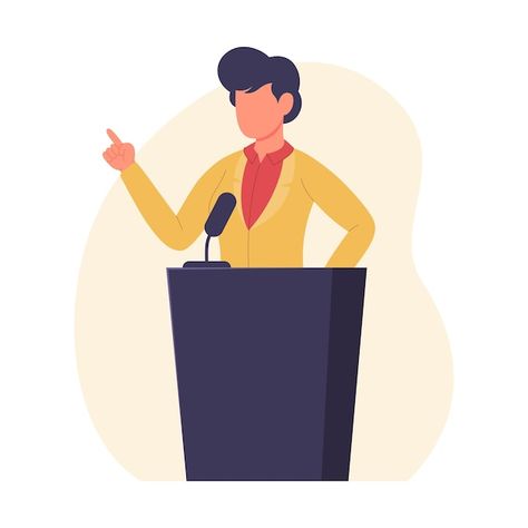 Businessman giving a talk on the podium | Premium Vector #Freepik #vector #orator #politician #debate #public-speech Debate Drawing, Debate Aesthetics, Politician Aesthetic, Public Speaking Aesthetic, Giving Speech, Pecha Kucha, Doodle Bear, Flora Frame, Communication Illustration