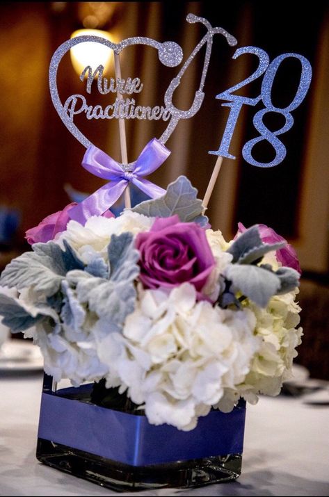 Nurse Party Centerpieces, Nurse Graduation Party Decorations, Nursing Party, Centerpiece Graduation, Nurse Practitioner Graduation, Graduation Centerpieces, Vase And Flowers, Graduation Nurse, Nursing School Graduation Party