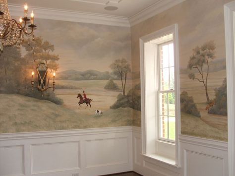 Hunt Scene Wallpaper, Fox Hunt Wallpaper, Mural In Dining Room, Fox Hunting Painting, Dining Room Mural Wallpaper, Hunting Mural, Dining Room Wall Mural, Mural Dining Room, Equestrian Wallpaper