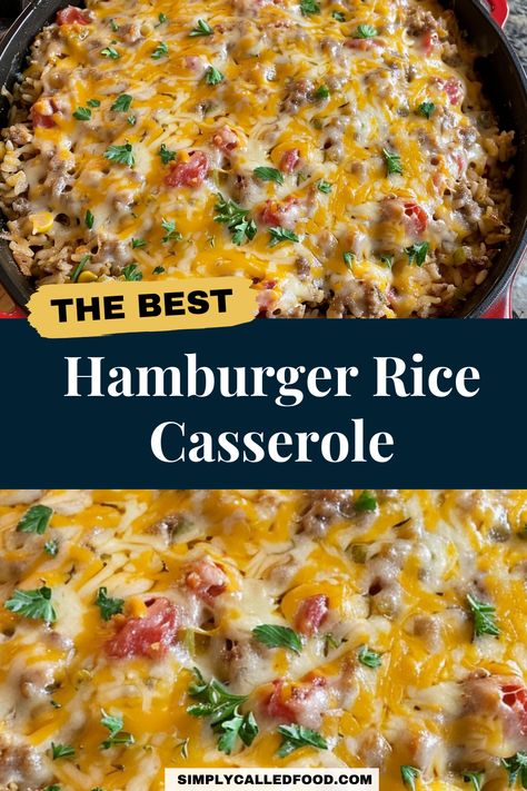 Dive into the Hamburger Rice Casserole recipe, a perfect blend of convenience and flavor. This easy, one-pot recipe is a healthy choice for dinner, combining cheese, vegetables, and heartiness in every bite. For this homemade and simple dish, visit SimplyCalledFood.com for the Hamburger Rice Casserole recipe and other ground beef recipes. Quick And Easy Dinner Recipes Hamburger, Healthy Hamburger And Rice Recipes, Burger And Rice Casserole, Hamburger Over Rice, Hamburger Meat Recipes For A Crowd, Ground Beef Rice Cheese Recipes, Burger Rice Casserole, Dishes Made With Hamburger Meat, Cheesy Hamburger Rice Casserole Recipes