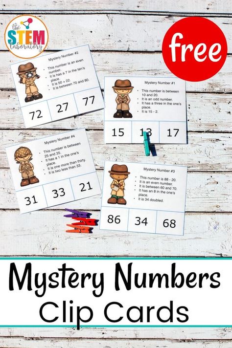 Mystery Number Clip Cards - The Stem Laboratory Adding And Subtracting Using Place Value, Even And Odd Games, Place Value Addition, Number Clip Cards, 2nd Grade Math Games, Easy Math Games, Free Math Centers, Numbers To 100, Easy Math