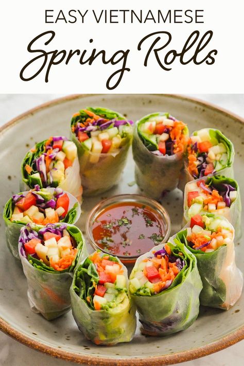 These Vegan Vietnamese Spring Rolls are the perfect appetizer, filled with flavor and crunch. They’re super easy to make, do not need a stove or oven, and make great starters or just a light main course! Try them with sweet and sour sauce or with a whisked crunchy peanut butter, water, and tamari sauce. No matter which dipping sauce you use, these spring rolls are absolutely delicious! #springrolls #recipe #vegan #plantbased #appetizer #asian Desserts Spring, Dessert Spring, Vietnamese Spring Rolls Recipe, Vegan Vietnamese, Dinner Spring, Vegan Spring Rolls, Spring Rolls Recipe, Vietnamese Spring Rolls, Tamari Sauce