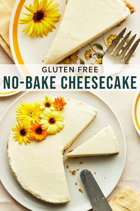 Gluten-Free No Bake Cheesecake Rich and creamy, no-bake gluten-free cheesecake is a decadent treat that’s so easy to make. The best part? No need to turn on the oven! Gluten Free No Bake Desserts, Gluten Free No Bake Cheesecake, Lactose Free Cheesecake, Gf Cheesecake, Non Bake Cheesecake, Gluten Free Cheesecake Recipes, Low Calorie Cheesecake, Dairy Free Cheesecake, Gluten Free Graham Crackers