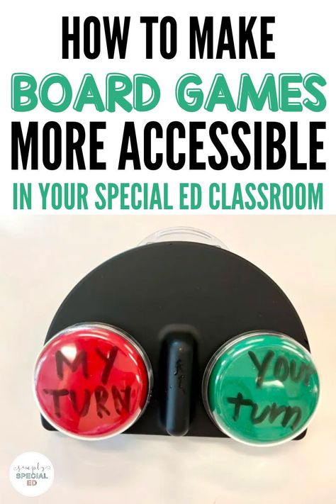 Creating accessible board games provides opportunities to hone skills such as critical thinking, strategic planning, and practice social skills such as turn-taking, all while having fun in the special education classroom. Today, I am sharing how to make board games more accessible. I am sharing how to embed assistive technology, how to incorporate tactile objects, and how to use velcro to make classroom games more accessible for your special education students. Adapted Games For Special Needs, Assistive Technology In The Classroom, Make Board Games, Make A Board Game, Special Ed Classroom, Ed Classroom, Classroom Visuals, Teaching Executive Functioning Skills, Teaching Executive Functioning