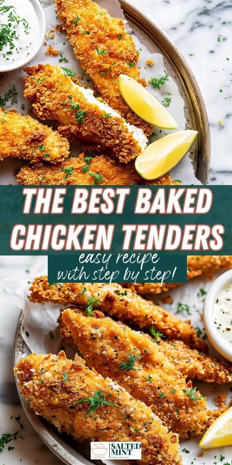 Make delicious, crispy breaded chicken tenders at home with this easy oven-baked recipe. Ideal for chicken breast recipes and game day snacks. Home Made Chicken Tenders Baked, Best Chicken Tenders Recipe Oven Baked, Oven Baked Tenders, Oven Baked Breaded Chicken Tenders, Easy Baked Chicken Tenders Recipes Oven, Breaded Baked Chicken Tenders, Easy Chicken Tender Dinner Recipes, Easy Oven Baked Chicken Tenders, Breaded Chicken Tenders Recipes