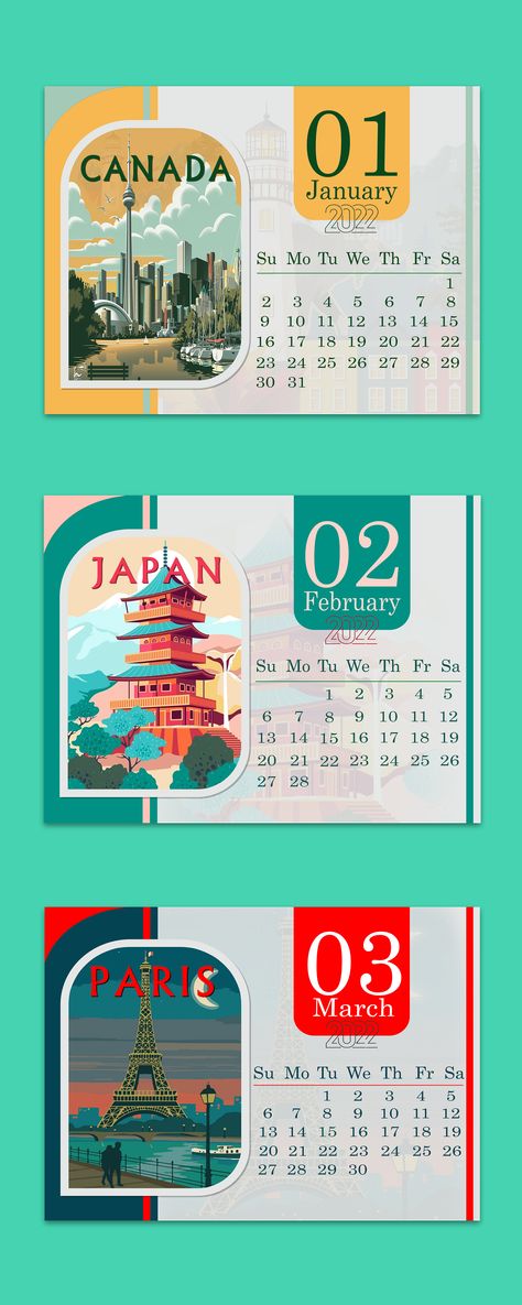 calendar design 2022 on Behance Colorful Calendar Design, Calender Ideas Design Creative, Travel Calendar Design, Japanese Calendar Design, Design Calendar Ideas, Calendar Theme Ideas, Calendar Design 2024, 2024 Calendar Design, Calender Design Ideas Creative