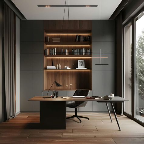 Elegant modern home office with dark grey walls, accented by warm wood paneling and sleek bookshelves. The central desk pairs with a black leather chair, framed by large windows showcasing outdoor trees. Minimalist design highlights natural lighting and contemporary style. Ideal for focused work and creative inspiration. Law Office Design, Bedroom Inspirations Minimalist, Industrial Office Design, Office Interior Design Modern, Grey Office, Contemporary Home Office, Tv Room Design, Modern Office Design, Contemporary Office