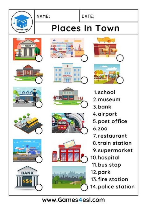 Here is a worksheet practicing different places in town for your ESL students. It's ideal for teaching kids and beginner ESL students learning about buildings and places in town. Community Places, Materi Bahasa Inggris, English Teaching Materials, English Activities For Kids, Learning English For Kids, English Worksheets For Kids, Kids English, Petite Section, English Lessons For Kids