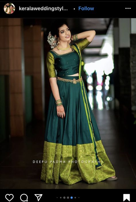 Reshmi Saree Blouse Design, Traditional Dhavani Set, Simple Davani Half Saree Kerala, Pattupavada Blouse Designs For Women, Kerala Traditional Engagement Dress, Dhawani Designs Kerala, Dhavani Half Saree Color Combos, Pattu Pavada Women, Kerala Engagement Dress