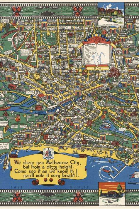 Discover the charm of yesteryears with our remarkable "Vintage Map Melbourne Australia 1934 Wonder Map" Poster. Step back in time and explore the captivating streets of Melbourne through this beautifully illustrated birds-eye view pictorial map. Immerse yourself in the city's rich history, as iconic landmarks and bustling streets come to life. Crafted with meticulous attention to detail, this poster is a true testament to Melbourne's centenary. Illustrated Birds, Melbourne Map, Pictorial Maps, Step Back, Iconic Landmarks, Birds Eye View, Vintage Map, Birds Eye, Melbourne Australia