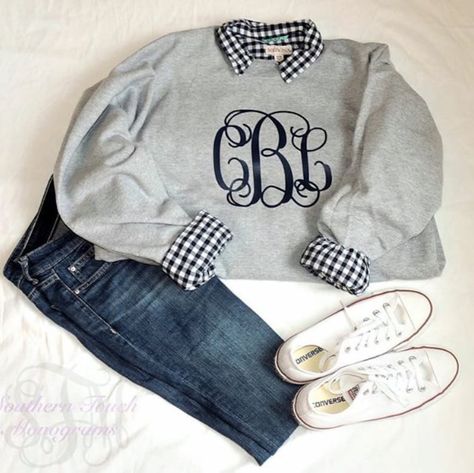 Monogrammed Crewneck Sweatshirt With Large Monogram Bachelorette Party Monogram Crewneck Personalized Sweatshirt Pullover Sweatshirt - Etsy Sweatshirt Fashion Outfits, Monogram Sweatshirt Ideas Vinyl, Business Casual Sweatshirt, Monogram Outfit Women, How To Wear A Sweatshirt, Monogram Sweatshirt Ideas, How To Dress Up A Sweatshirt, Classic Preppy Style Women, Monogram Clothes