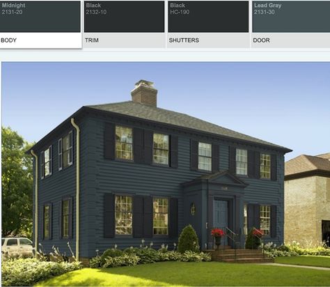 Dark Exterior House Color - Benjamin Moore Paint Color Tool Dark Green Colonial House Exterior, Houses With Black Windows, Black Exterior House Colors, Masculine House, Navy House Exterior, Dark Exterior House Colors, Dark House Exterior, Dark Blue House Exterior, Dark Exterior House